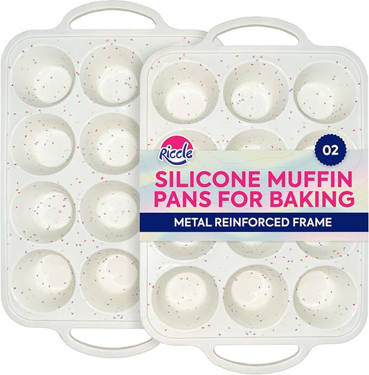 RICCLE Silicone Muffin Pans for Baking with Metal Reinforced Frame, 12-Cup Cupcake Pan, 2 Pcs Muffin Trays for Cupcake Baking, Tray Molds, Oven & Dishwasher Safe, BPA-Free (2 x Regular)