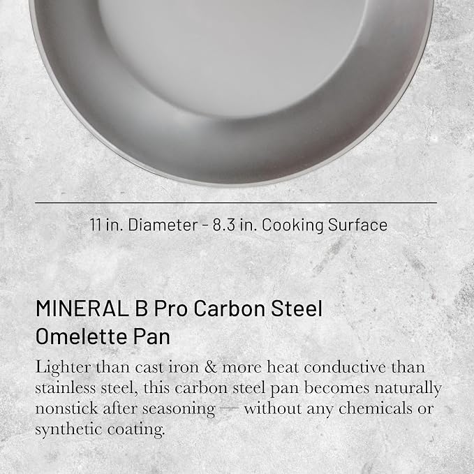 de Buyer MINERAL B Pro Carbon Steel Omelette Pan - 11” Diameter, 8.3” Cooking Surface - Naturally Non-Stick Finish - Made in France