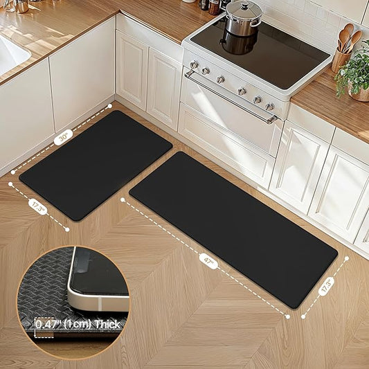 GENIMO Kitchen Mats for Floor 2PCs, Washable Anti Fatigue Mat for Cushioned, 17.3"x47"+17.3"x30", Waterproof Kitchen Rugs, Non Slip Comfort Standing Mat Rug for Home, Sink, Laundry, Black