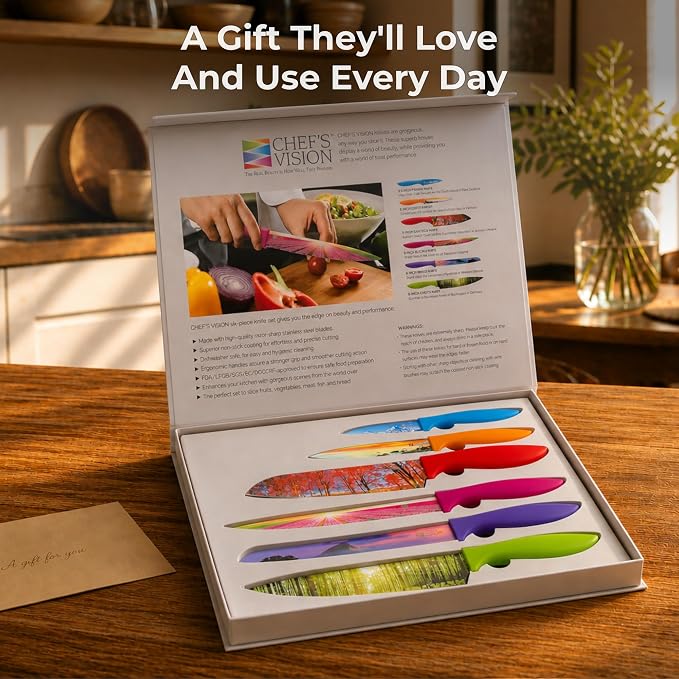 CHEF'S VISION Landscape Kitchen Knife Set – 6-Piece Stainless Steel Knives with Non-Stick Coating, Dishwasher Safe, Nature Design, Unique Gift for Nature Lovers