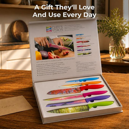 CHEF'S VISION Landscape Kitchen Knife Set – 6-Piece Stainless Steel Knives with Non-Stick Coating, Dishwasher Safe, Nature Design, Unique Gift for Nature Lovers