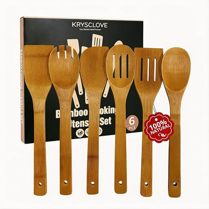 Premium Natural Carbonized Bamboo Kitchen Utensil Set, 6-Piece Non-Scratch Wooden Spoons & Spatulas, Durable Heat-Resistant Tools for Non-Stick Pans (Carbonized Bamboo 02)