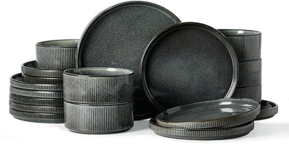 Famiware Star 18-Piece Reactive Glaze Plates and Bowls Sets, Service for 6 - Stoneware Dinnerware with Trim, Modern Rustic Dishes, Chip & Scratch Resistant, Microwave & Dishwasher Safe, Deep Forest