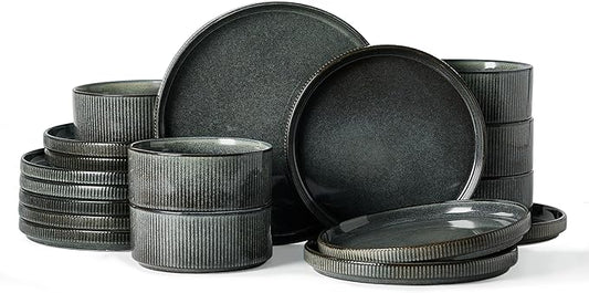 Famiware Star 18-Piece Reactive Glaze Plates and Bowls Sets, Service for 6 - Stoneware Dinnerware with Trim, Modern Rustic Dishes, Chip & Scratch Resistant, Microwave & Dishwasher Safe, Deep Forest