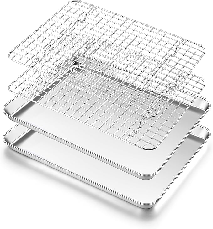 Homikit Cookie Sheet with Rack (2 Small Baking Sheets+2 Grill Racks), 10 x 8 Inch Stainless Steel Cookie Sheets with Wire Cooling Rack, Nonstick Metal Toaster Oven Bacon Tray, Dishwasher Safe