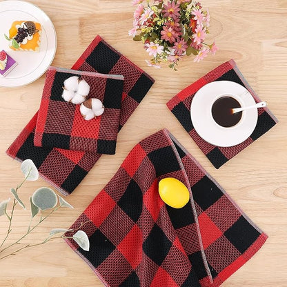 Homaxy Kitchen Towels and Dishcloths Set, 12 x 12 and 13 x 28 Inches, Set of 8 100% Cotton Waffle Weave Check Plaid Kitchen Dish Towels, Super Soft and Absorbent Dish Cloths, Black & Red
