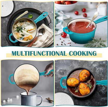 E-far Enameled Cast Iron Sauce Pan with Lid, 1 Quart Dutch Oven Saucepan, Mini Sauce Pot for Cooking, Boiling, Healthy & Non Toxic, Induction & Oven Safe, Green