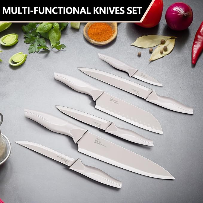 E-far Knife Set with Block, 15 Pieces Kitchen Knife Block Set with Sharpener, High Carbon Stainless Steel Sharp Chef Knife Set with Ergonomic Handles, Anti Rust, Khaki