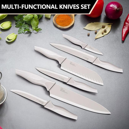E-far Knife Set with Block, 15 Pieces Kitchen Knife Block Set with Sharpener, High Carbon Stainless Steel Sharp Chef Knife Set with Ergonomic Handles, Anti Rust, Khaki