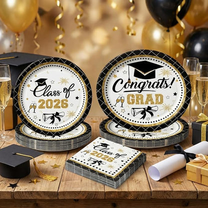 Dereinwo 100 PCS Graduation Paper Plates and Napkins | Bundle Includes Paper Oval Dinner Plates Dessert Plates and Napkins for Graduation Party Supplies