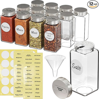 Simple Houseware Spice Jars 6 Ounce Square Glass Bottles with Shaker Lids, Funnel and Labels for Seasoning & Storage, 24 Pack