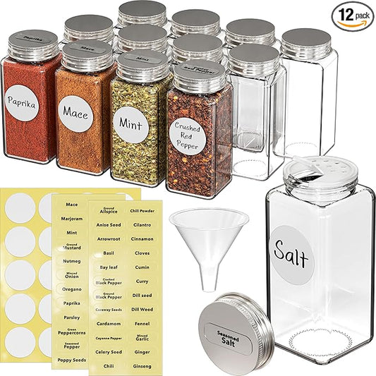 Simple Houseware Spice Jars 6 Ounce Square Glass Bottles with Shaker Lids, Funnel and Labels for Seasoning & Storage, 24 Pack