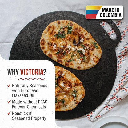 Victoria 15-Inch Cast Iron Tawa Dosa Pan, Pizza Pan with a Loop Handle, Crepe Tawa Preseasoned with Flaxseed Oil, Made in Colombia