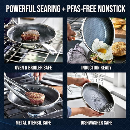 Blue Diamond Hybrid Nonstick Stainless Steel 8” & 10” Frying Pan Skillet Set, PFAS-Free Ceramic Diamond Bond Searing, Egg & Omelet Pan, Dishwasher Safe, Stay-Cool Handle, Induction Ready, All Cooktops