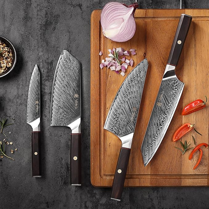 Wakoli Culinary Asia Damascus 4-Piece Knife Block Set with Magnetic Block – Professional Kitchen Knives made of 67-Layer Damascus Steel Blades & VG10 Core – Ergonomic Dark Oak Wood Handles in Gift Box
