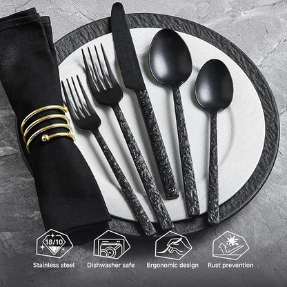 KINGSTONE 40 Pcs Black Hammered Silverware Set for 8, 18/10 Stainless Steel Heavy Duty Flatware Set, Tableware Cutlery Utensil Sets for Home Restaurant Dishwasher Safe