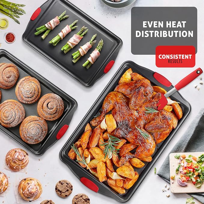 Baking Sheet Set, 3-Piece Cookie Sheet Set with Silicone Handles, Steel Baking Pan, Durable Baking Sheets for Oven, BPA Free Cookie Sheets for Baking Nonstick Set, Premium Sheet Pan, Black Baking Tray