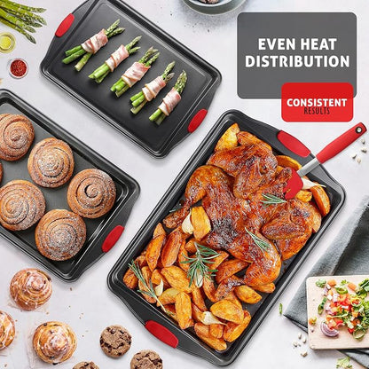 Baking Sheet Set, 3-Piece Cookie Sheet Set with Silicone Handles, Steel Baking Pan, Durable Baking Sheets for Oven, BPA Free Cookie Sheets for Baking Nonstick Set, Premium Sheet Pan, Black Baking Tray