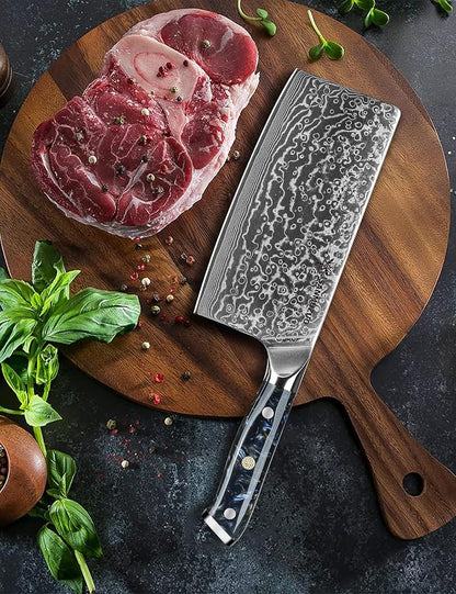 Chinese Chef Knife - 7" Cleaver Knife- Xuan Series - VG10 Damascus Steel Kitchen Knife - Resin Handle (Starry Black)