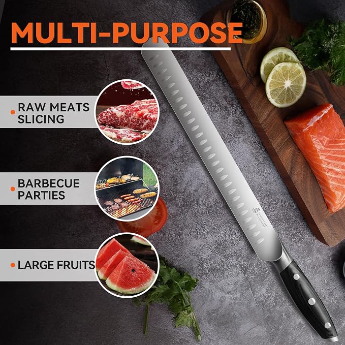 TUO Carving Knife, 12 inch Brisket Knife for Cutting Smoked Meat, Slicing Through Roast & Large Raw Meat Chunks, Full Tang Handle, German High Carbon Steel - Black Hawk Series