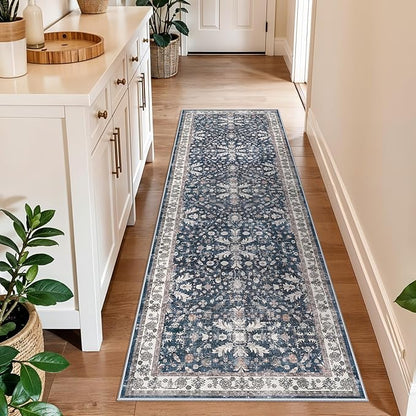 2x6ft Washable Hallway Carpet Runner – Non-Skid Floor Runner Rug for Kitchen Indoor Entryway Bedroom Bathroom Bedside – Boho Vintage Soft Low-Pile Area Rug (Blue,2x6)