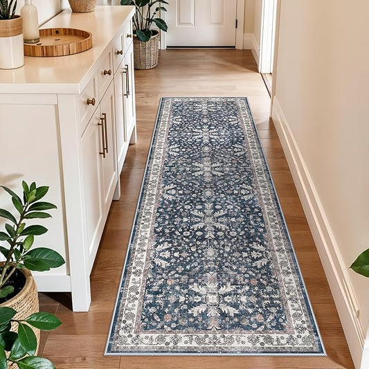 2x6ft Washable Hallway Carpet Runner – Non-Skid Floor Runner Rug for Kitchen Indoor Entryway Bedroom Bathroom Bedside – Boho Vintage Soft Low-Pile Area Rug (Blue,2x6)