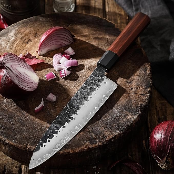 Sunnecko 8 Inch Chef Knife Japanese Kitchen Knife Sharp, Chefs Knife Carbon Steel 3-Layered 9CR18MOV, Rosewood Handle Gift Box