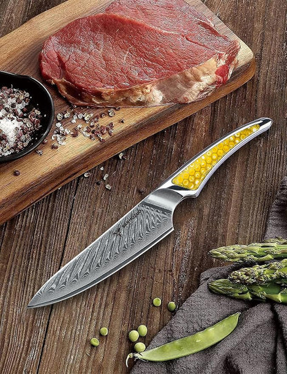 5 inch Utility Knife, Japanese VG-10 Damascus Steel Kitchen Knife, Ultra Sharp Fruit Knife with Full-tang Handle in Yellow Resin, LA-S9 Series