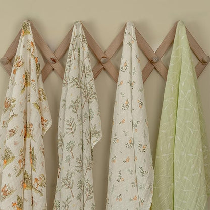 Muslin Swaddle Blankets for Newborn, 4 Pack Cotton Baby Blankets Neutral, Large 31.5 x 43.3 Breathable Soft Receiving Blanket, Essentials Swaddle Wrap Burping Clothes, Green Jungle Animal