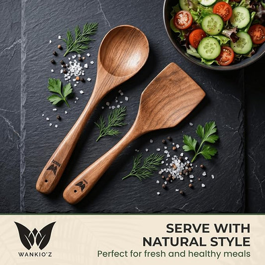 WANKIO'Z Acacia Wood Kitchen Utensil Set – 12" Handcrafted Wooden Spatula & Spoon | Complete Cooking & Serving Set | Safe for Nonstick Cookware | Premium Gift-Ready Packaging
