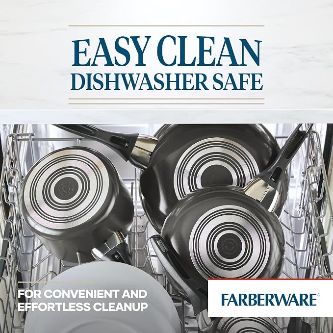 Farberware Dishwasher Safe Aluminum Nonstick Cookware Pots and Pans Set, 15-Piece, Pewter