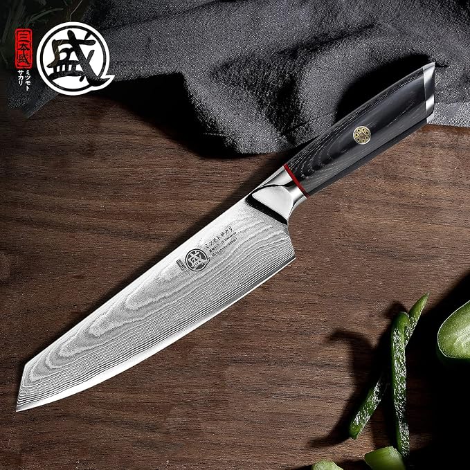 MITSUMOTO SAKARI Chef Knife 7 inch - 67-Layer AUS-10 Damascus Steel, Hand Forged Japanese Kiritsuke Knives, PakkaWood Handle & Sandalwood Box
