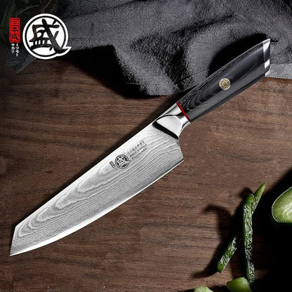 MITSUMOTO SAKARI Chef Knife 7 inch - 67-Layer AUS-10 Damascus Steel, Hand Forged Japanese Kiritsuke Knives, PakkaWood Handle & Sandalwood Box