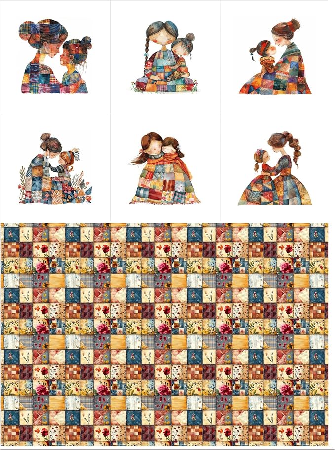 Patchwork Mother & Daughter Cotton Fabric Panel – 6 Designs (10×10 inch Each) + Bonus Sheet 29.5×19.6 inch, 100% Cotton 140 GSM, Made in Türkiye
