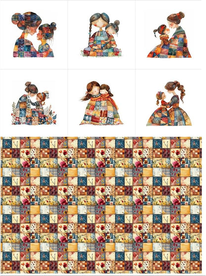 Patchwork Mother & Daughter Cotton Fabric Panel – 6 Designs (10×10 inch Each) + Bonus Sheet 29.5×19.6 inch, 100% Cotton 140 GSM, Made in Türkiye