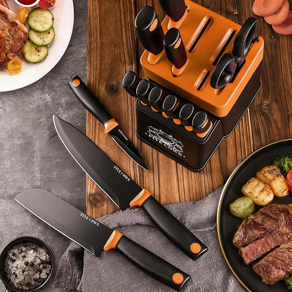 14 Pcs Kitchen Knife Block Set with Sharpener German High Carbon Stainless Steel Chef Knives, Razor-Sharp & Durable, Lightweight Anti-Slip Handle, Professional Set for Home & Kitchen (Orange)