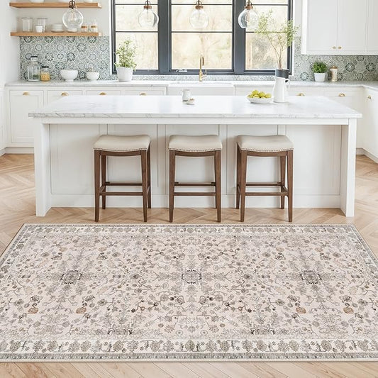 4x8 Rug Washable for Entryway Kitchen – Non-Slip Rubber Backed Area Rug for Hallway Bedroom Living Room Office,Boho Floral Low Pile Thin Floor Indoor Mat (Beige,4x8)