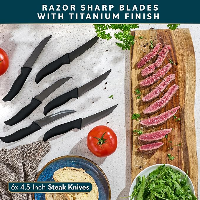 Home Hero Kitchen Knife Set - 15 PCS Black Knife Set with Block and Sharpener - Stainless Steel Knife Set - Ergonomic Handles - Includes Steak Knives Set of 6 - Knife Block Set for Kitchen