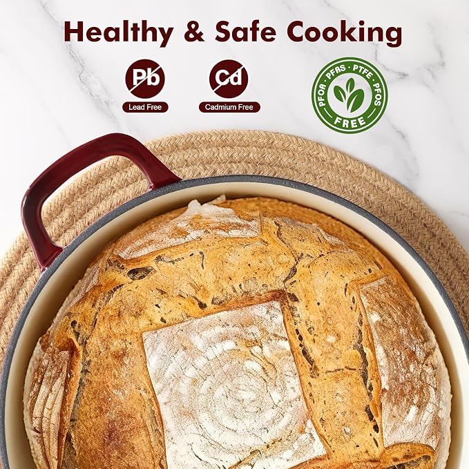 SENSARTE Enameled Cast Iron Dutch Oven Pot with Lid 3.5/5.5/6.5 Quart Heavy-Duty Round Dual Handles Kitchen Pot with Cotton Potholders & Silicone Trivet, Pot for Bread Baking, Stews, Braising, Roasting, Oven Safe, 6.5 Quart, Red