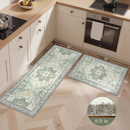 GENIMO Kitchen Rugs Non Slip Washable, 2PCS Kitchen Mats for Floor, Cushioned Standing Mat, Kitchen Runner Rug Floor Mat for Kitchen Decor, Laundry, Sink, Entryway, Home, 20"x32"+20"x48", Light Green