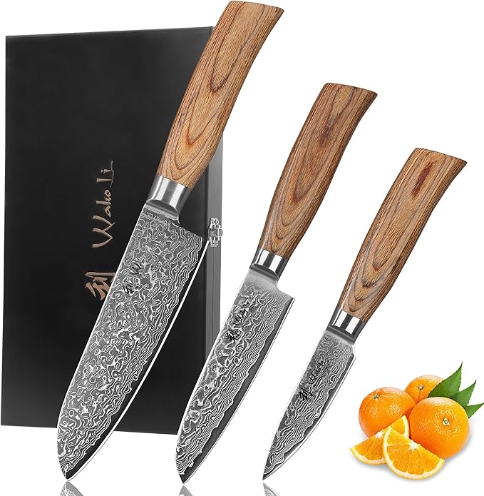Wakoli 3-Piece Damascus Knife Set – Edib Pro Series with Wooden Gift Box – Kitchen Knife with VG10 Steel Core, 2 Santoku Knives & Paring Knife