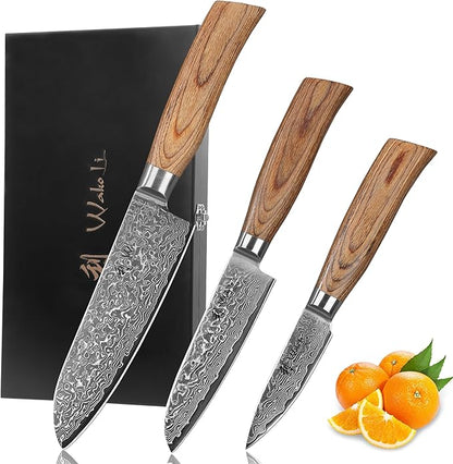Wakoli 3-Piece Damascus Knife Set – Edib Pro Series with Wooden Gift Box – Kitchen Knife with VG10 Steel Core, 2 Santoku Knives & Paring Knife