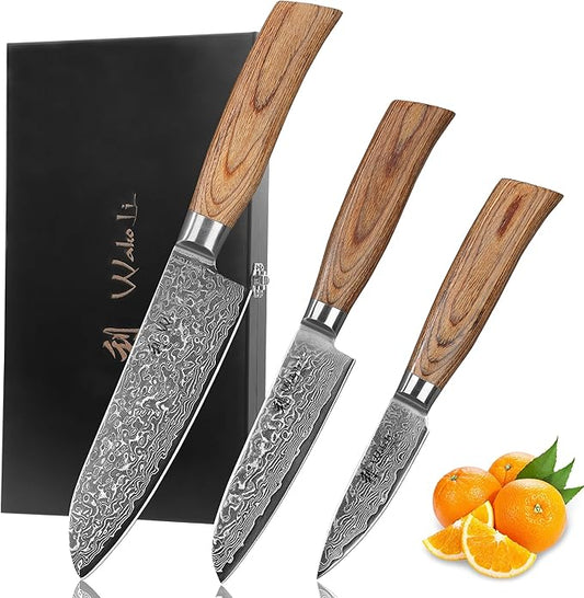 Wakoli 3-Piece Damascus Knife Set – Edib Pro Series with Wooden Gift Box – Kitchen Knife with VG10 Steel Core, 2 Santoku Knives & Paring Knife
