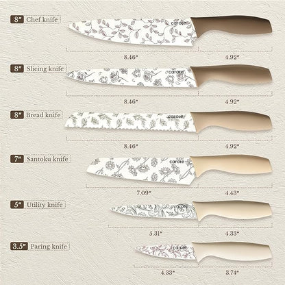 CAROTE 12PCS Knife Set, Kitchen Knife Set with 6 Blade Guards, Stainless Steel Knives Set With Nonstick Ceramic Coating, Rustproof, Delicate Floral Designs, White (Pack of 2)