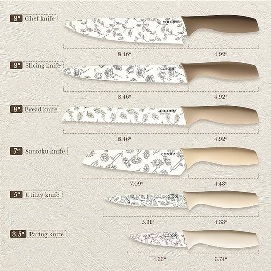 CAROTE 12PCS Knife Set, Kitchen Knife Set with 6 Blade Guards, Stainless Steel Knives Set With Nonstick Ceramic Coating, Rustproof, Delicate Floral Designs, White