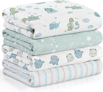 4-Pack Muslin Swaddle Blankets for Newborns | 100% Cotton Breathable Soft, Large 31.5"x43.3" | Multi-Use Stroller Sunshade Nursing Cover & Receiving Blanket, Blue Dinosaur