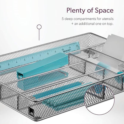 Mindspace Cutlery Organizer Silverware Tray with 6 Compartments | Kitchen Utensil Drawer Organizer | Silverware Tray for Drawer | The Mesh Collection, Silver