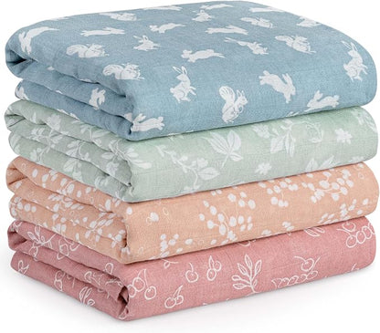 4-Pack Muslin Swaddle Blankets for Newborns | 100% Cotton Breathable Soft Muslin, Large 31.5"x43.3" | Multi-Use Stroller Sunshade Nursing Cover & Receiving Blanket, Neutral Rabbits