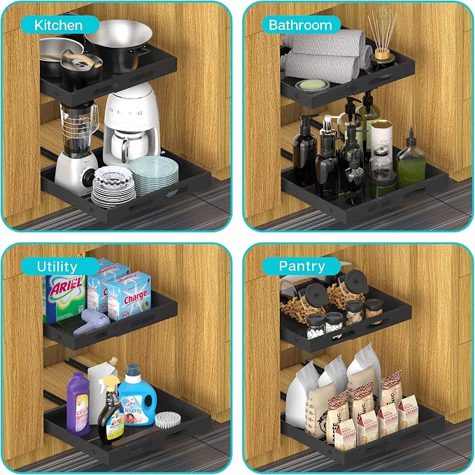 Expandable Pull Out Cabinet Organizer - 17" Deep, Adhesive No Drill, Expandable Drawer For Kitchen, Pantry, Bathroom