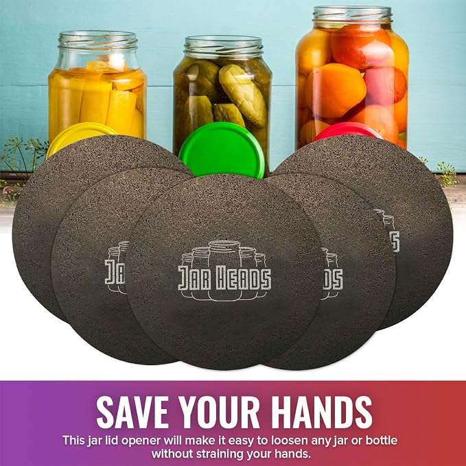 JAR HEADS Rubber Jar Opener Gripper Pad 5 Pack - Thick 5 Inch Grippers for Opening Jars Made in the USA - Jar Opener for Weak Hands & Seniors with Arthritis